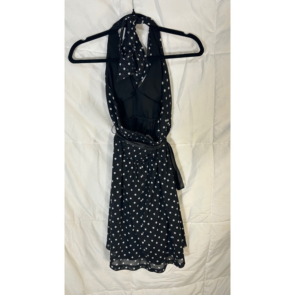 As U Wish Black White Polka Dot Halter Dress Women's Size L Tie Waist Sheer - Picture 6 of 10